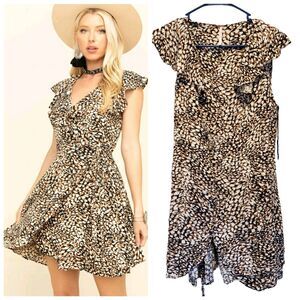 Free People French Quarter Mini Dress Leopard Wrap Ruffle Flutter Sleeve Small